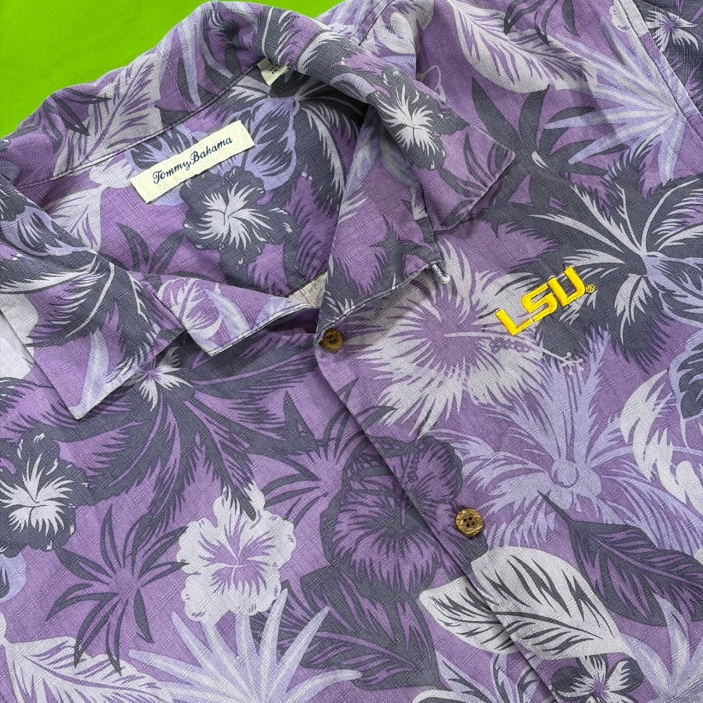 LSU Tigers Tommy Bahama Silk Hawaiian Shirt Luau Floral AOP Mens M Purple/Gold